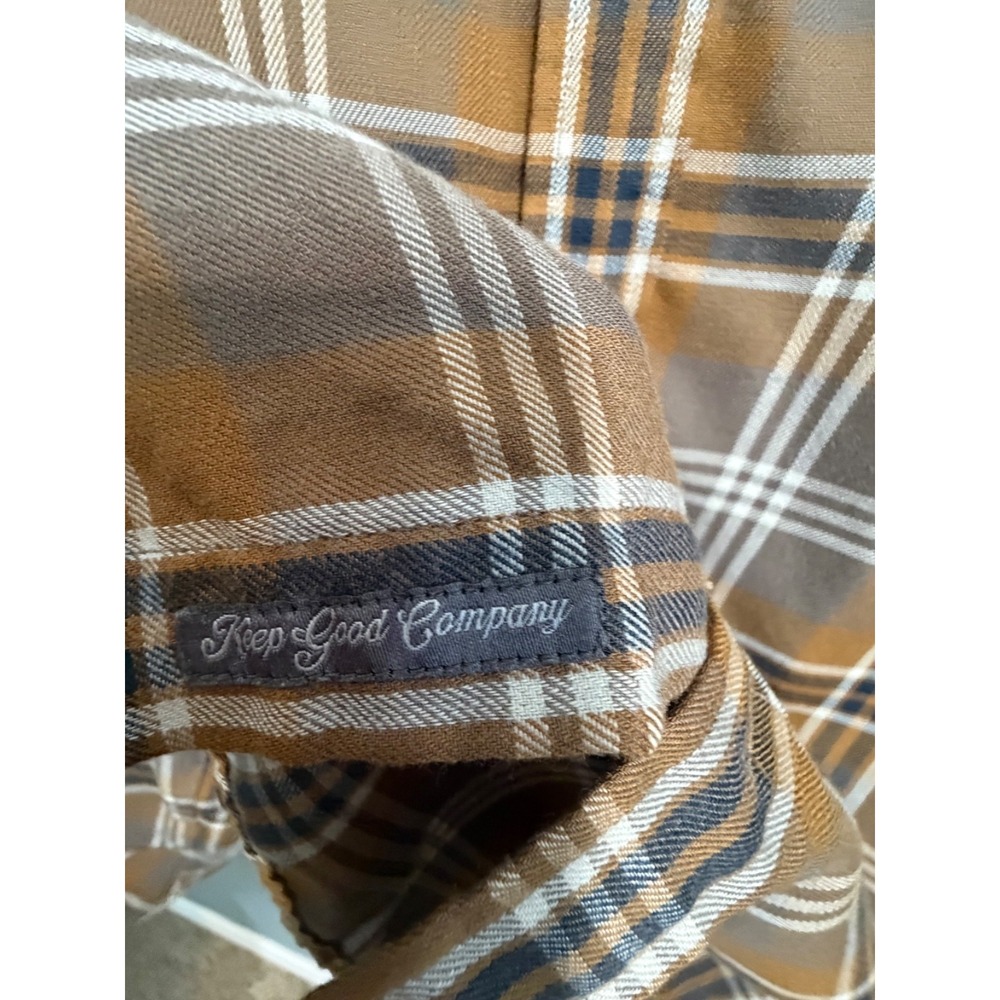 TOAD&CO Mens Flannel Plaid Button Up Shirt  Cotton XL Brown Navy Western FLAW - Picture 10 of 14